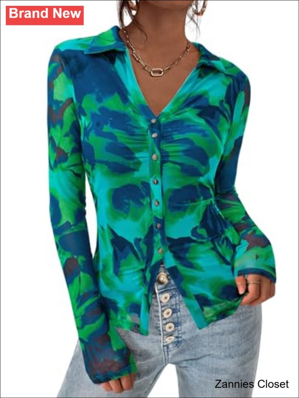 ✨PRETTYGARDEN Women's Button Down Mesh Floral Blouse V-Neck Going Out Top